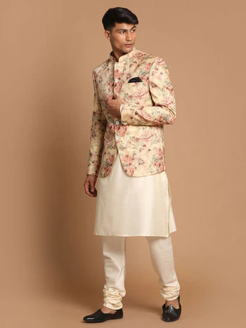 Men’s Beige Printed Jodhpuri And Cream Kurta Pyjama Set