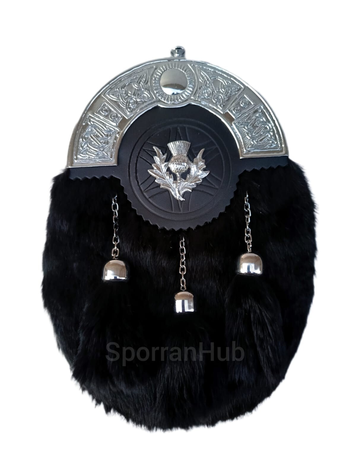 Scottish Handmade Black Rabbit Fur Full Dress Kilt Sporran In Real Leather..