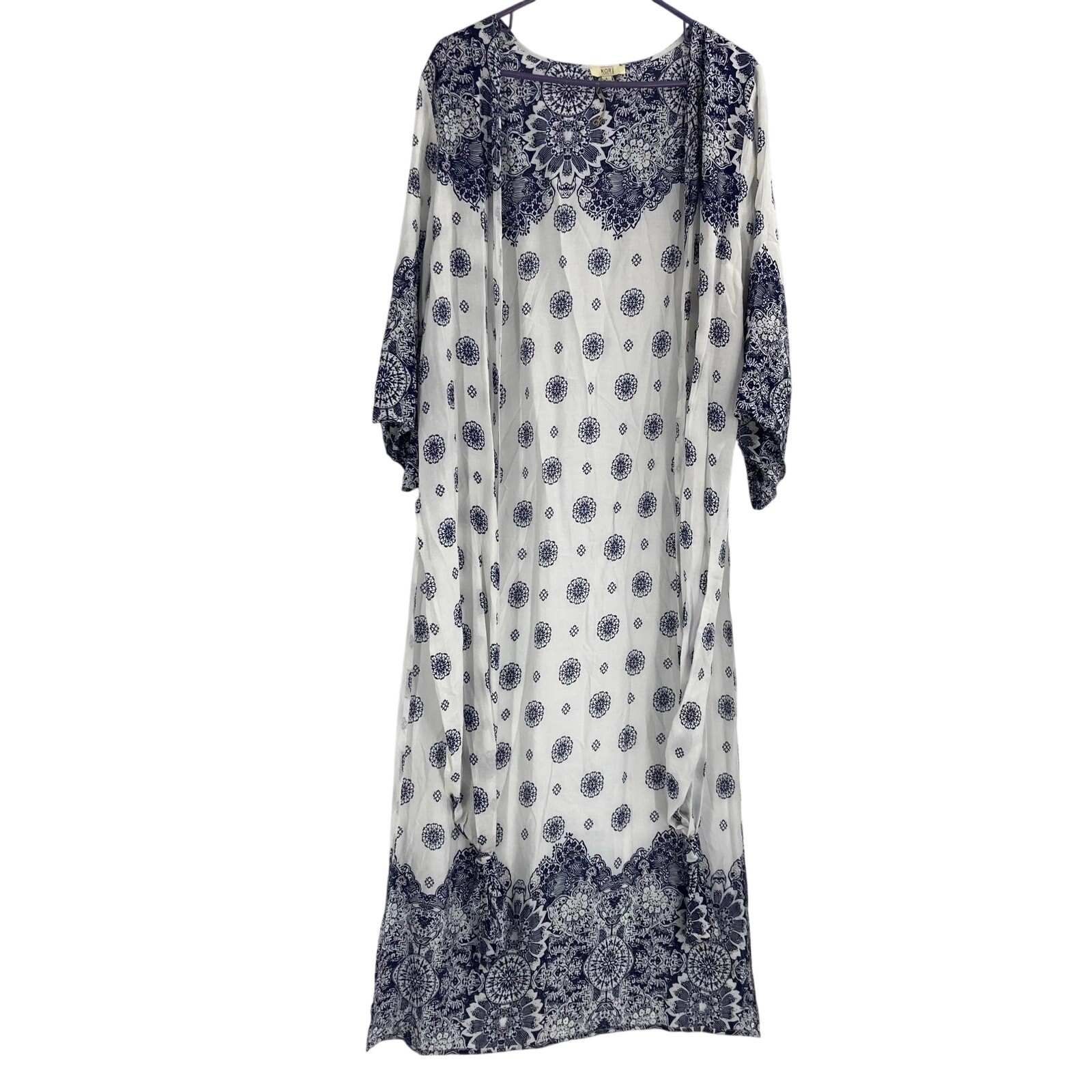 Kori America Bkue White Duster Kimono Boho Print Women’s Size Large