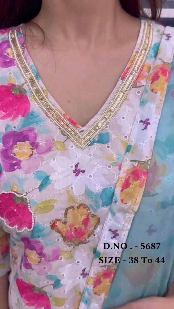 Women Muslin Silk Digital Print Pakistani Kurta With Pants & Dupatta, Eid Wear