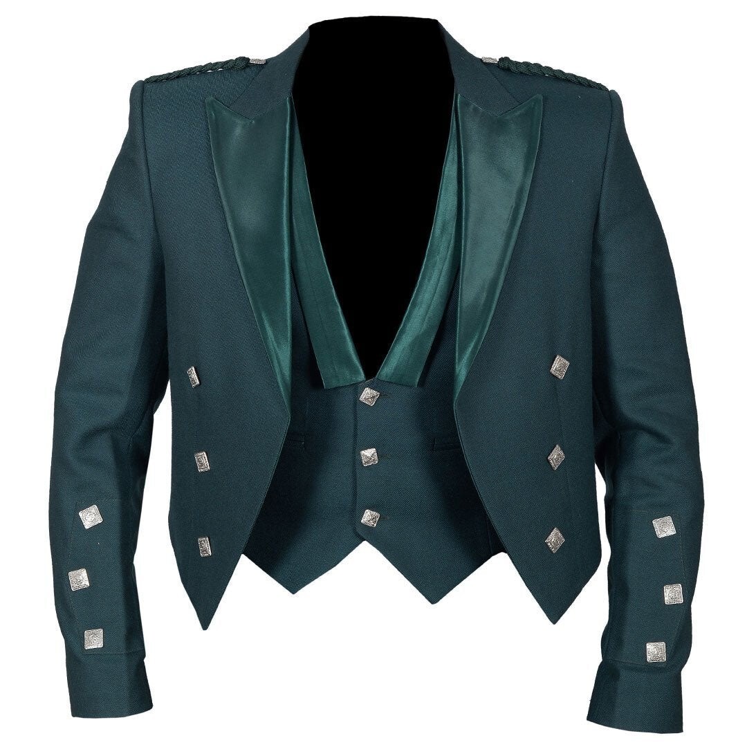 Men’s Scottish Green Serge wool Prince Charlie Jacket 3 Button Vest jacket