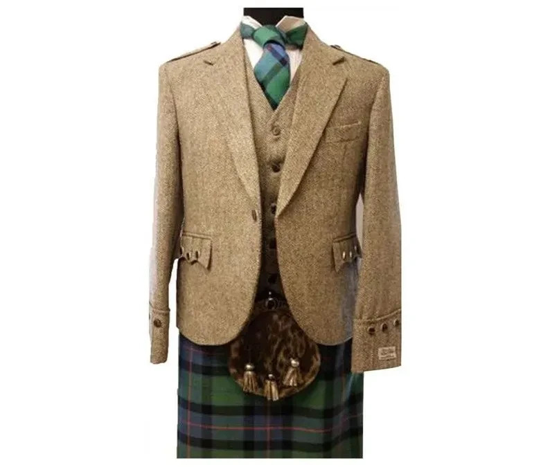 Men’s Khaki Tweed Argyle Kilt Jacket Vest Scottish Highland Wedding Coat