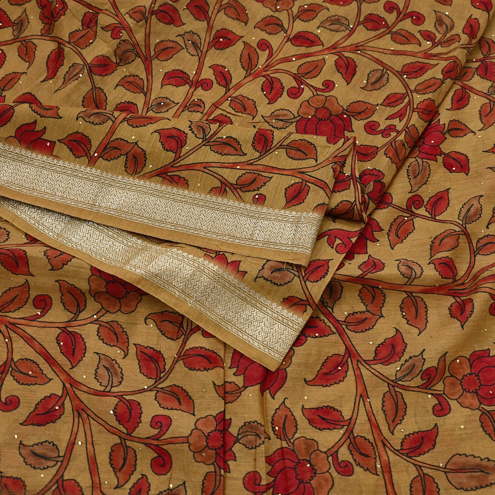 Indian Vintage Sari Pure chanderi Silk Kalamkari Print Saree Craft Fabric 5Yd