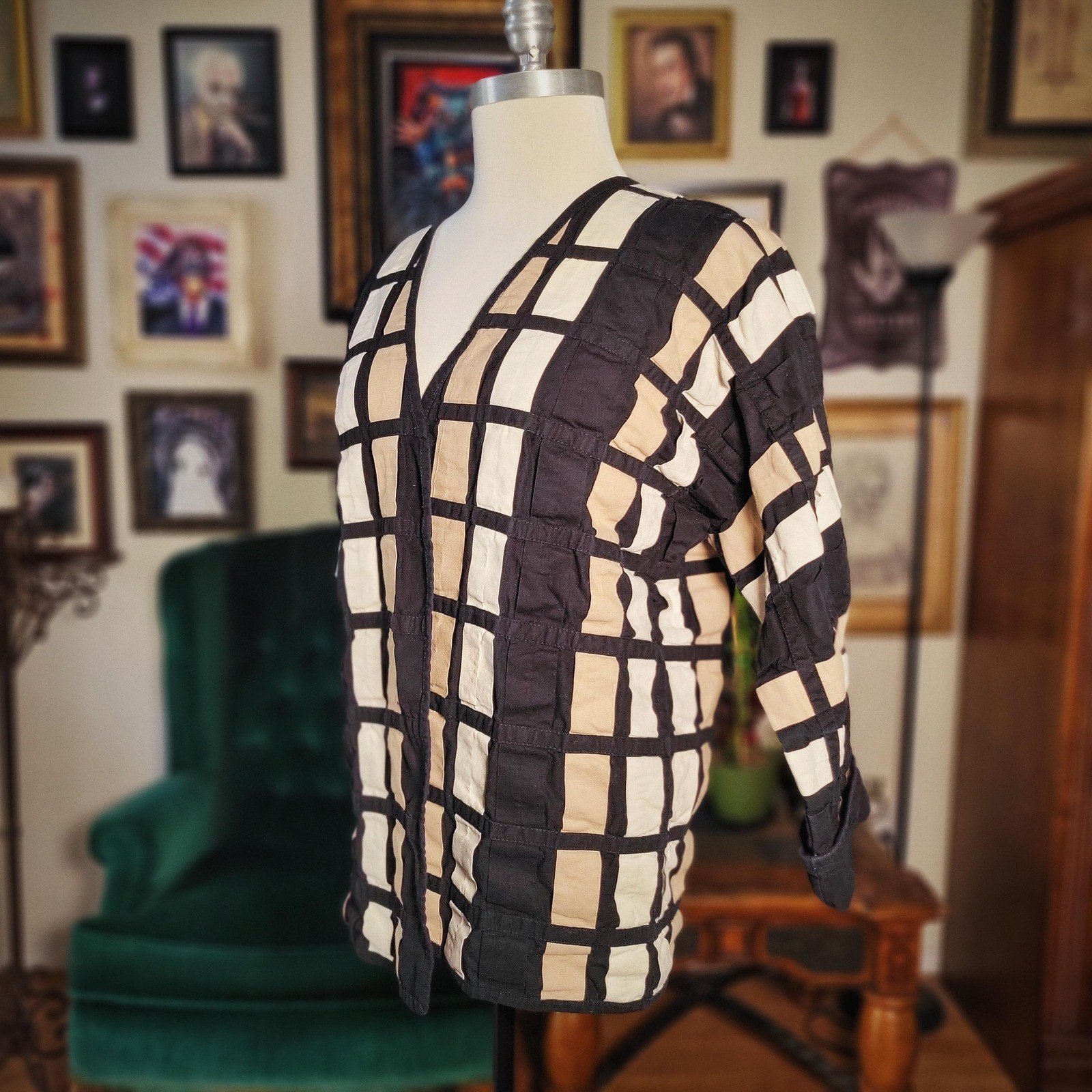Unisex Black White Kimono Vintage 80s YAK MAGIK Geometric Pattern Jacket Small