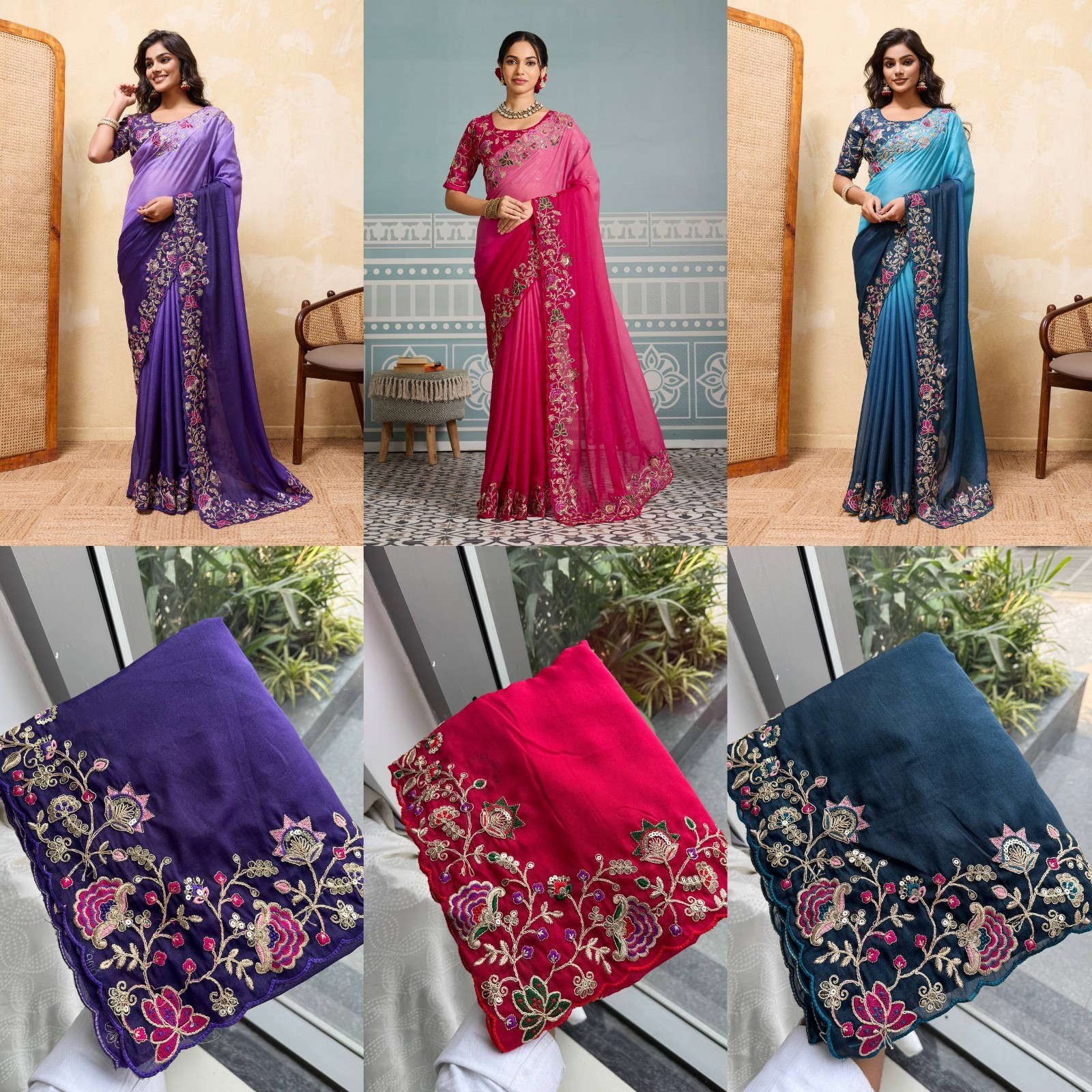 Indian Ethnic Georgette Saree Embroidered Cutwork Border Party Wear Indian Sari