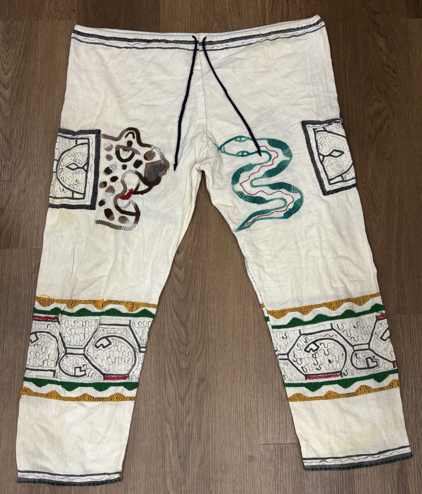 Peruvian Shipibo Conibo Style Handmade Embroidered Jaguar Snake Drawstring Pants