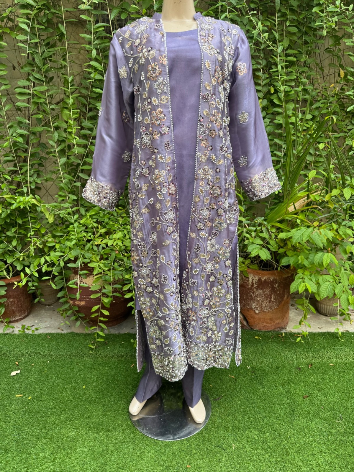 Pakistani purple silk long Gown shirt Style Embroidered Sequins Dress,L