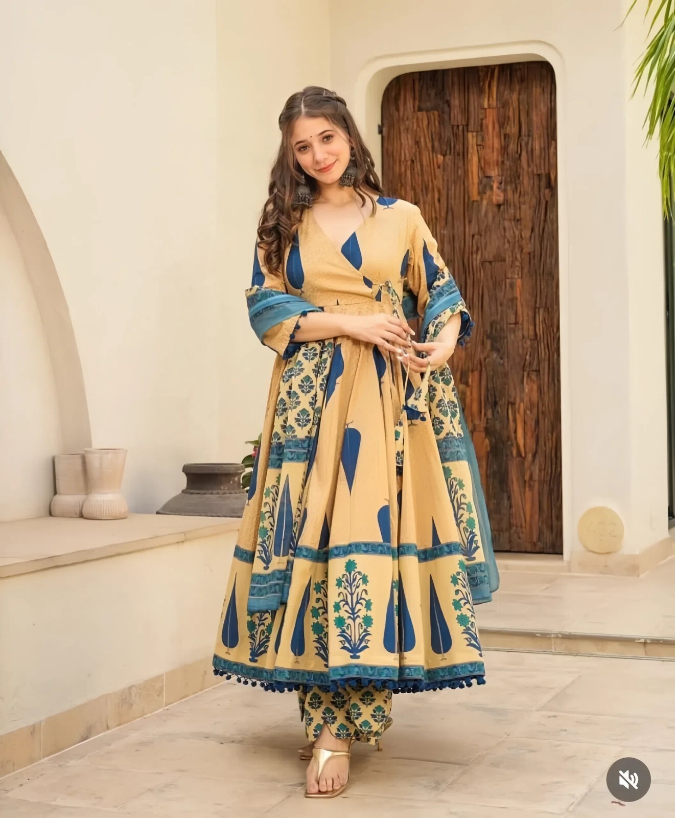 Traditional Block Print Anarkali Dress Set, Yellow and Blue Floral Pattern