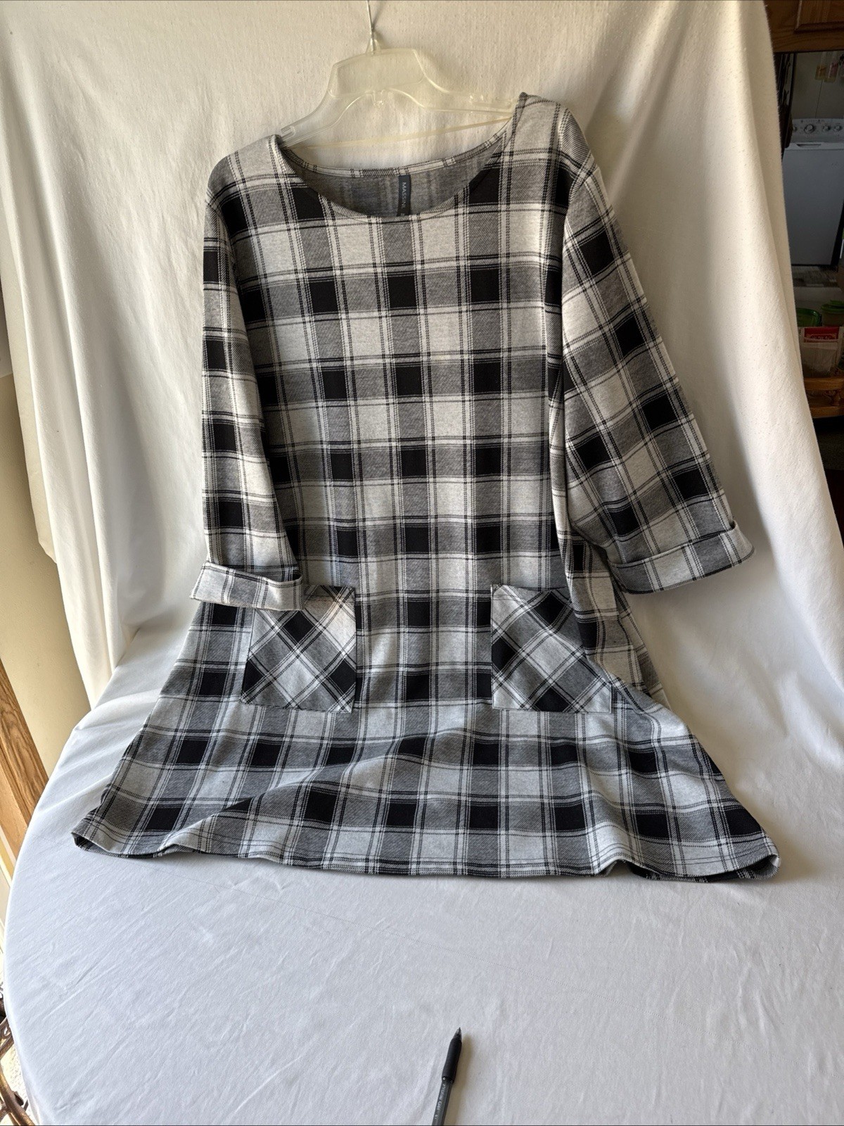 Massini Women’s 3X Plaid Blk/Wht Dress/Tunic Pockets 3/4 Sleeves Worn Once