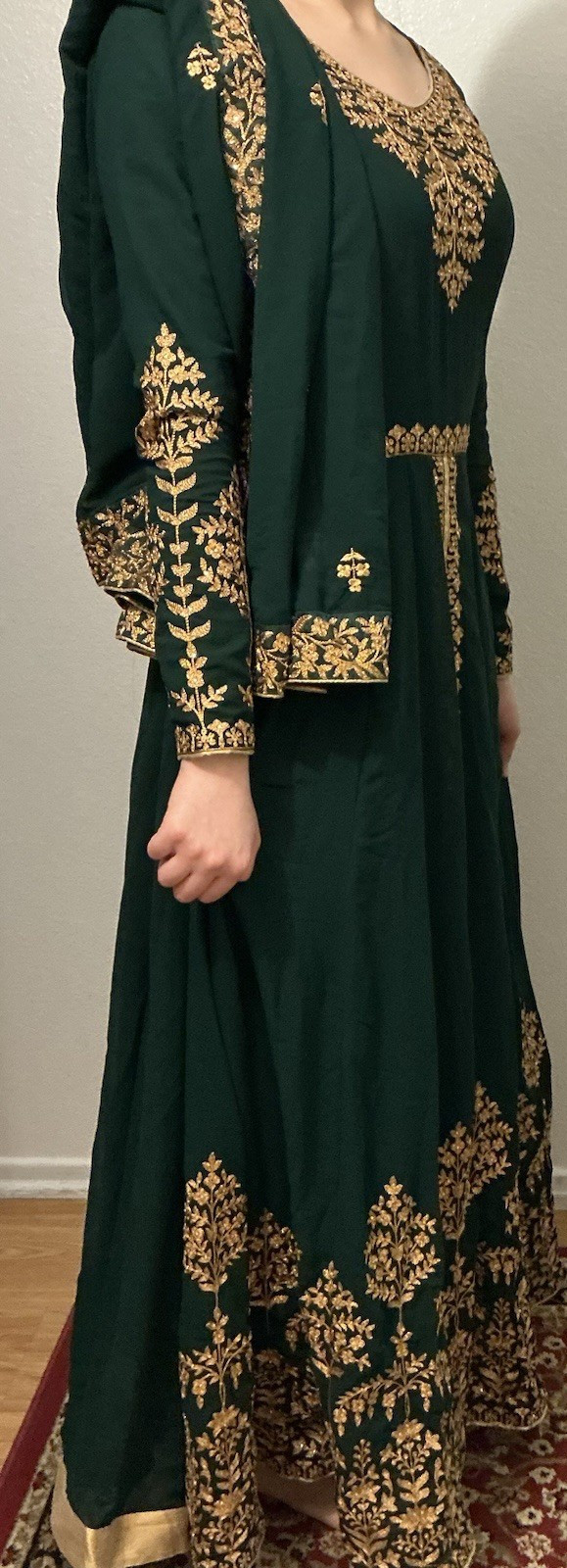 Anarkali Salwar Kameez Set Green Gold Embroidery with Dupatta Women