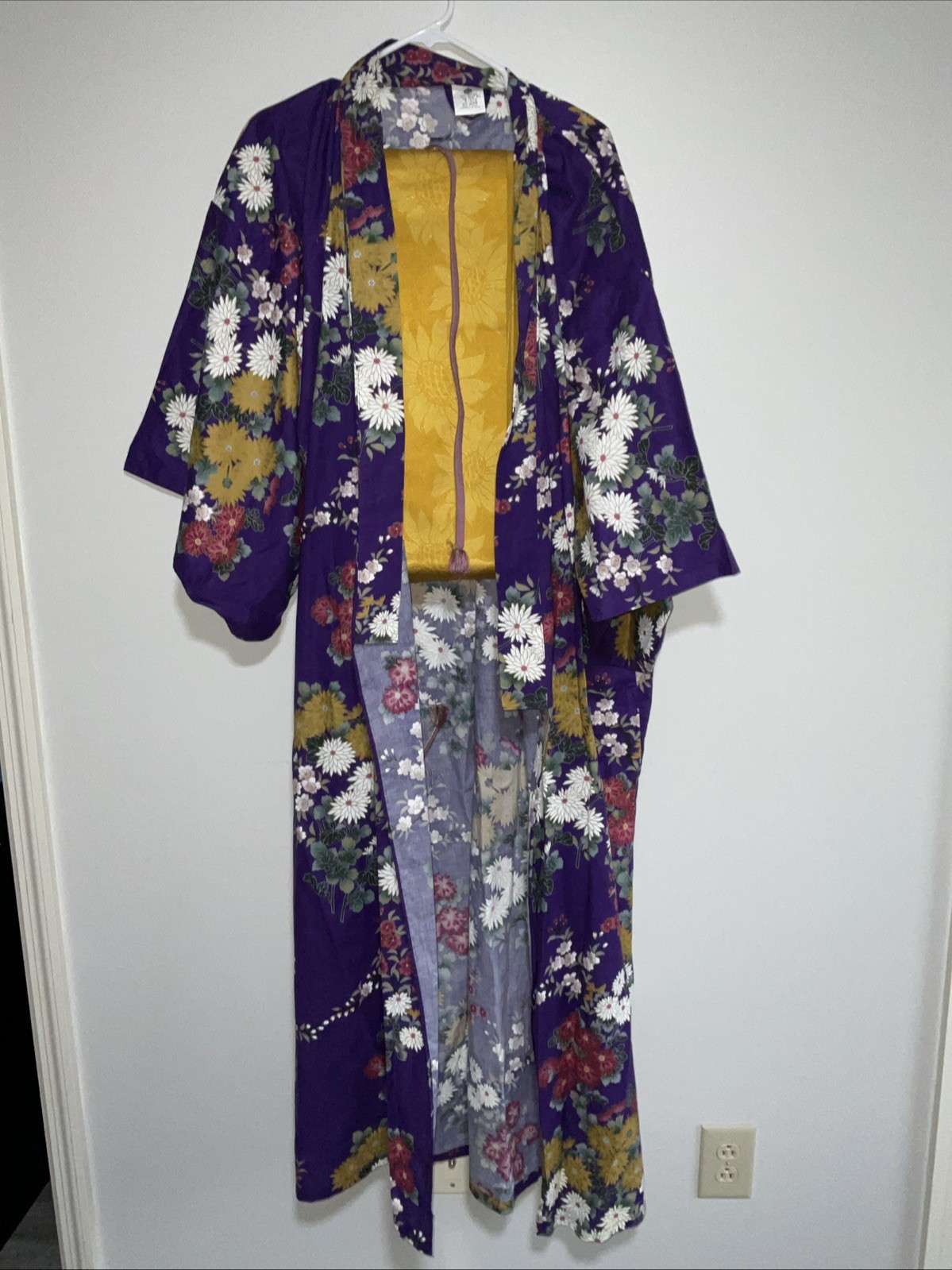 PURPLE FLORAL YUKATA KIMONO YELLOW SUNFLOWER OBI JAPANESE CLOTHING SET XL