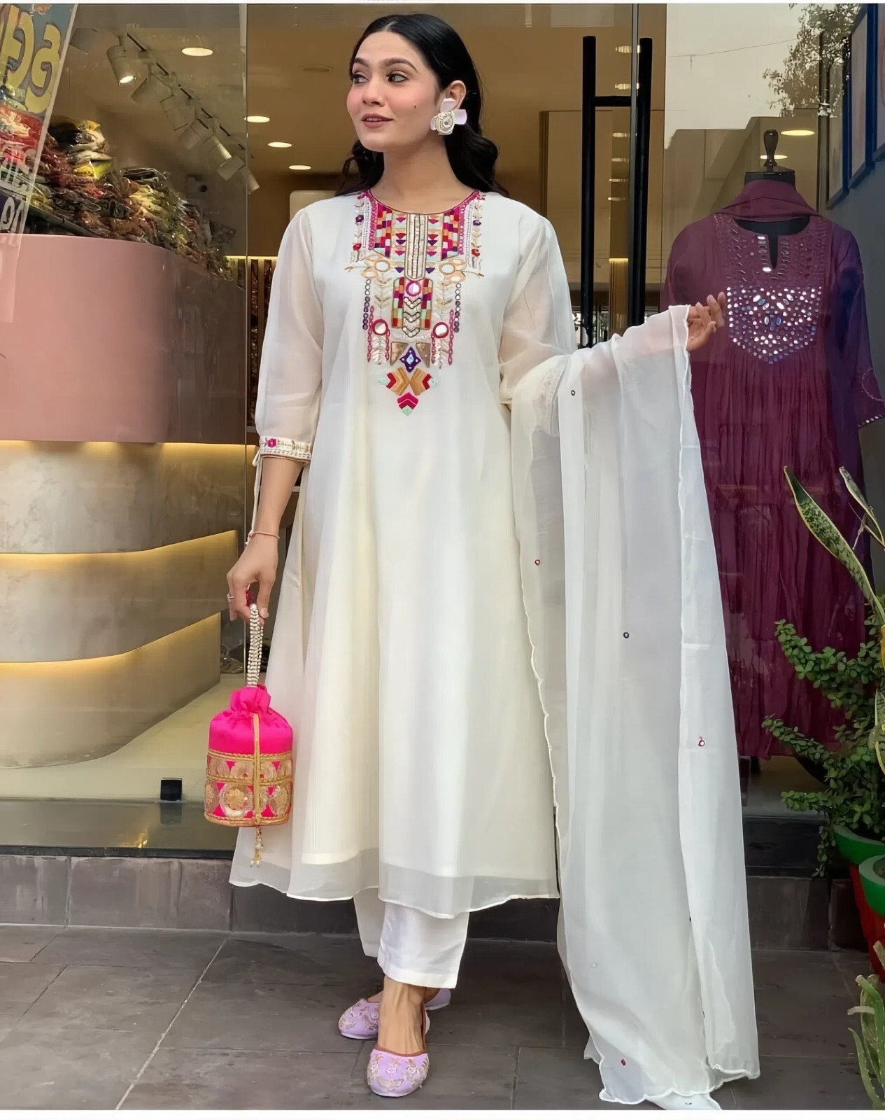 Chanderi Suit Set with Palazzo, Traditional Ethnic Wear With Tassel Details