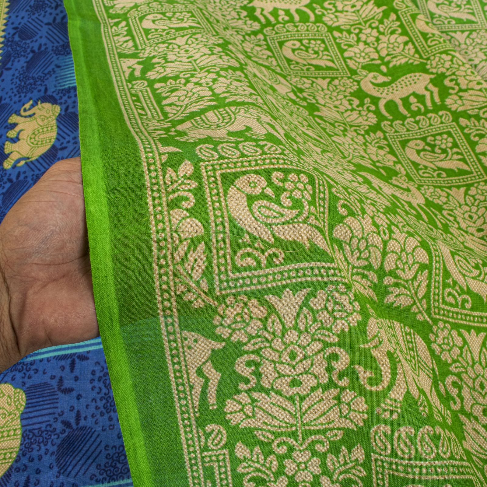 Sanskriti Vintage Saree Blue-Green Pure Cotton Animal Printed Craft Fabric Sari