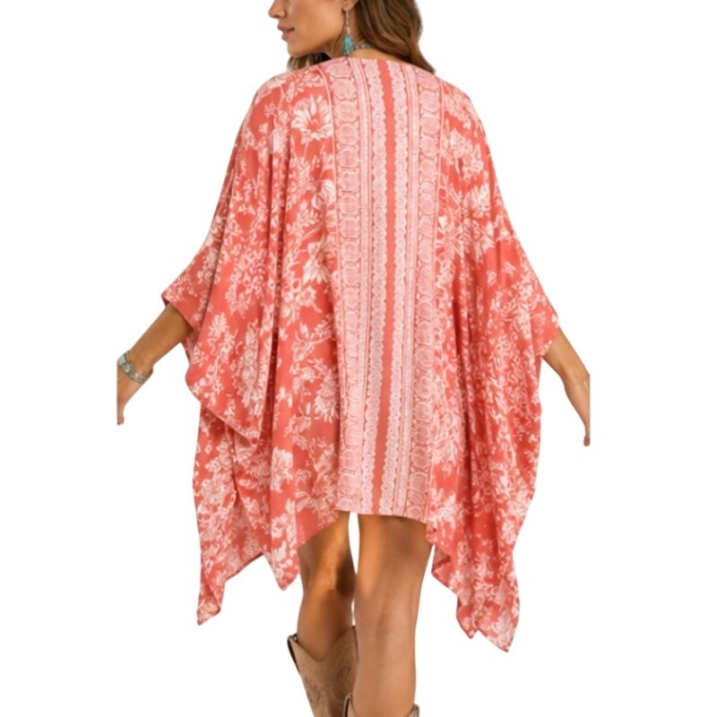 Angie Floral Kimono Cover Up Coral White Boho Open Front Duster Size L