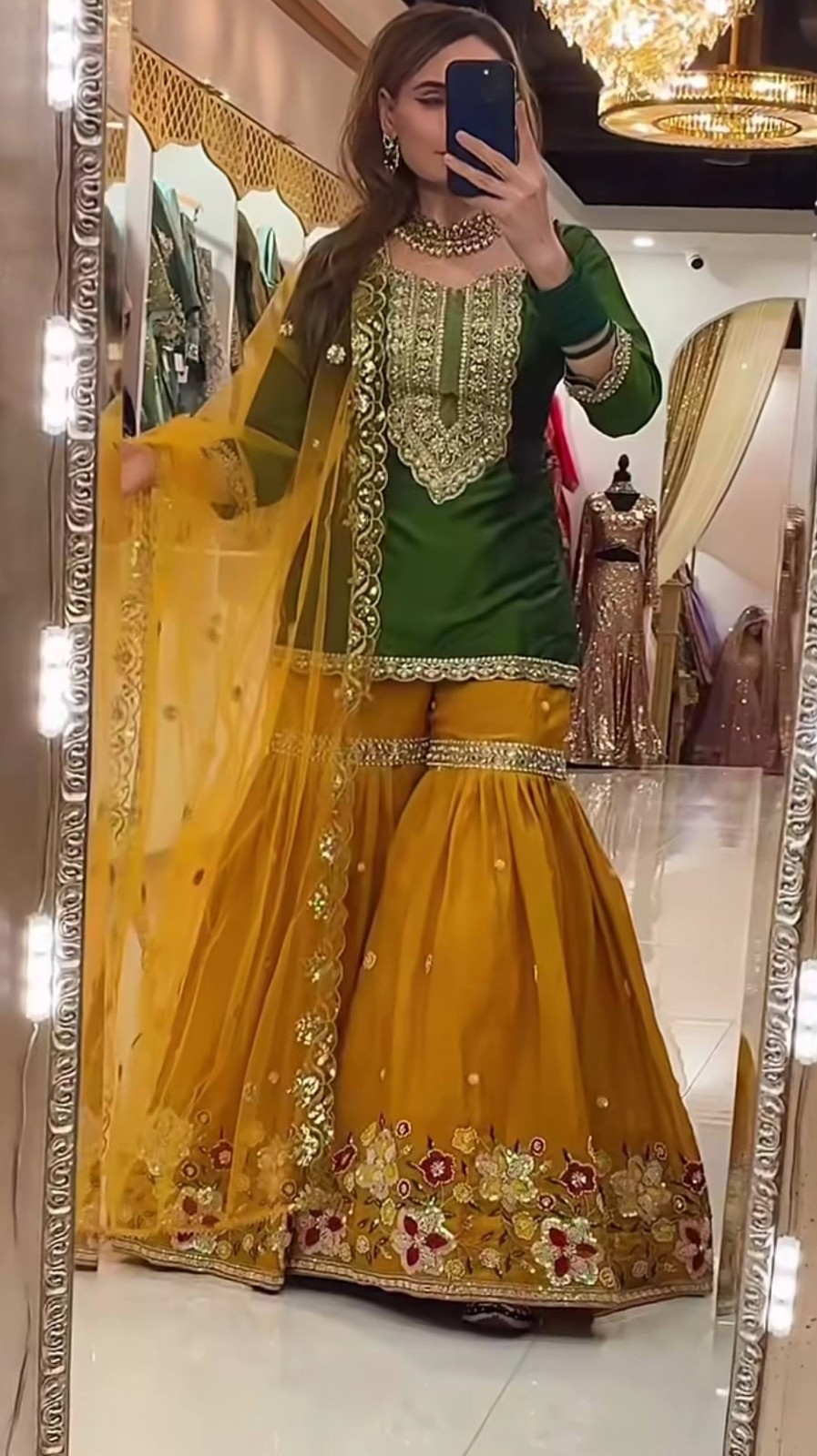 Heavy Faux Georgette Green Top Palazzo With Dupatta For Functional Wear