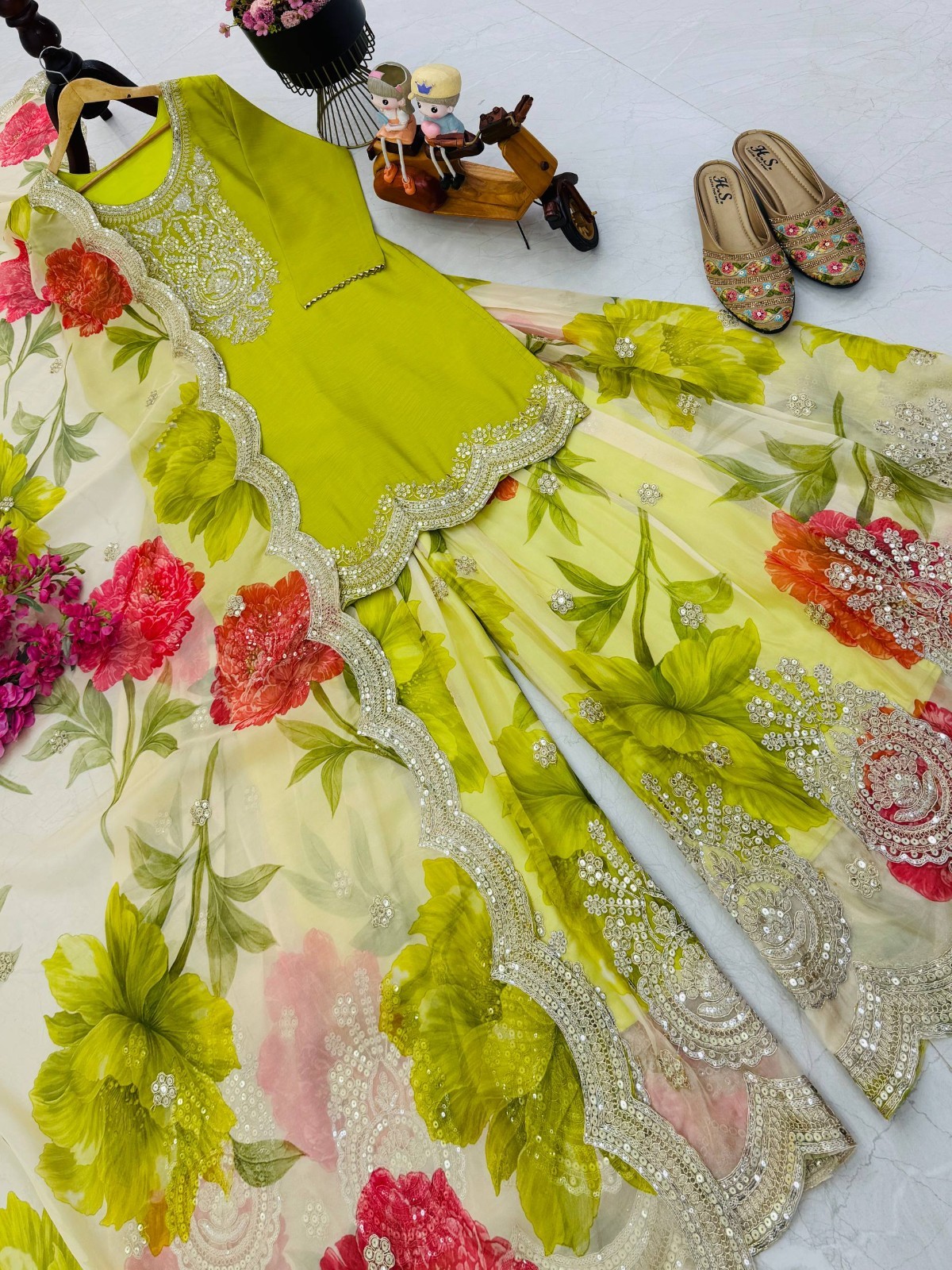 Latest Designer Chinnon Kurta Palazzo With Taby Organza Dupatta For Women