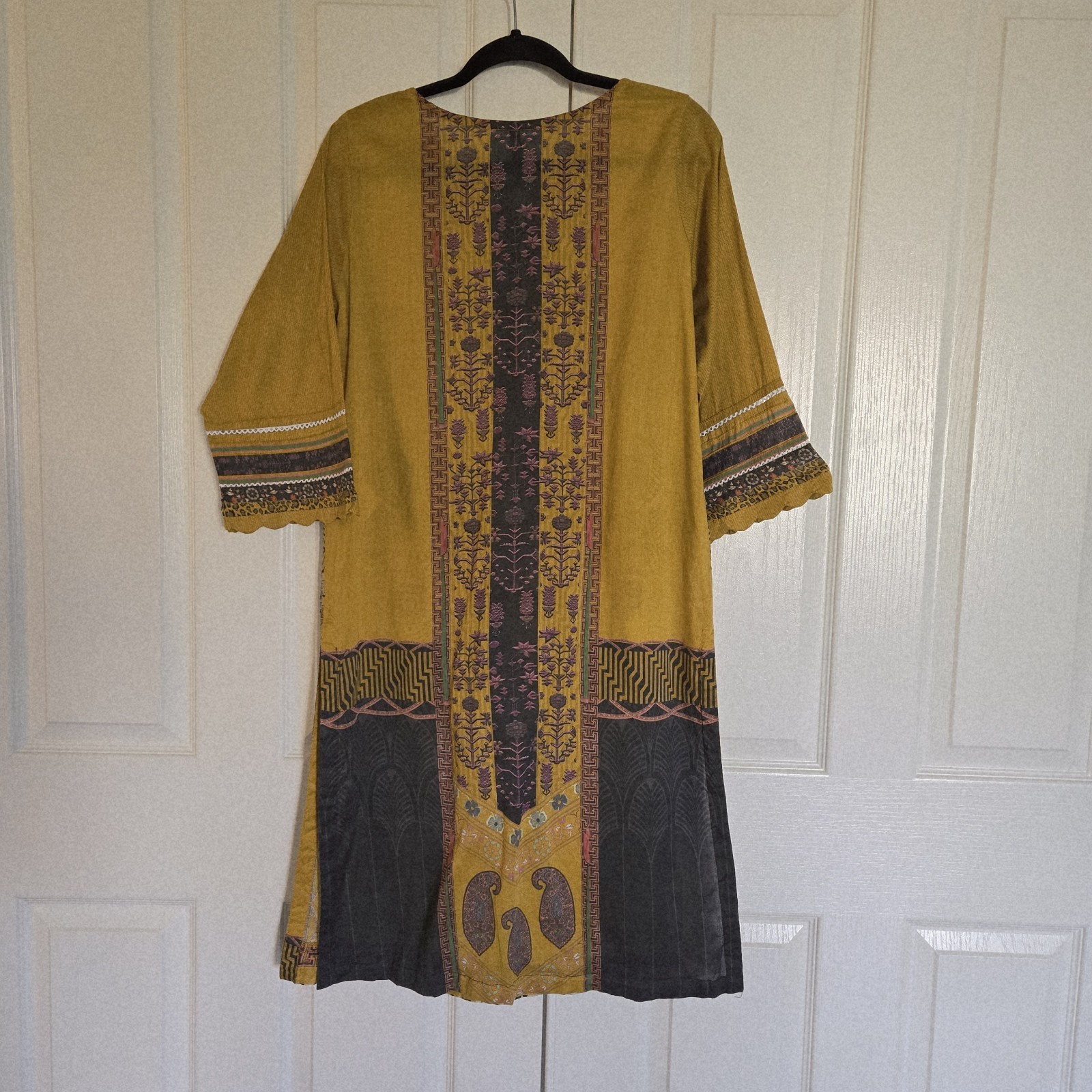 Printed Long Top Yellow Kameez 100% Cotton Causal Wear Dress Size L