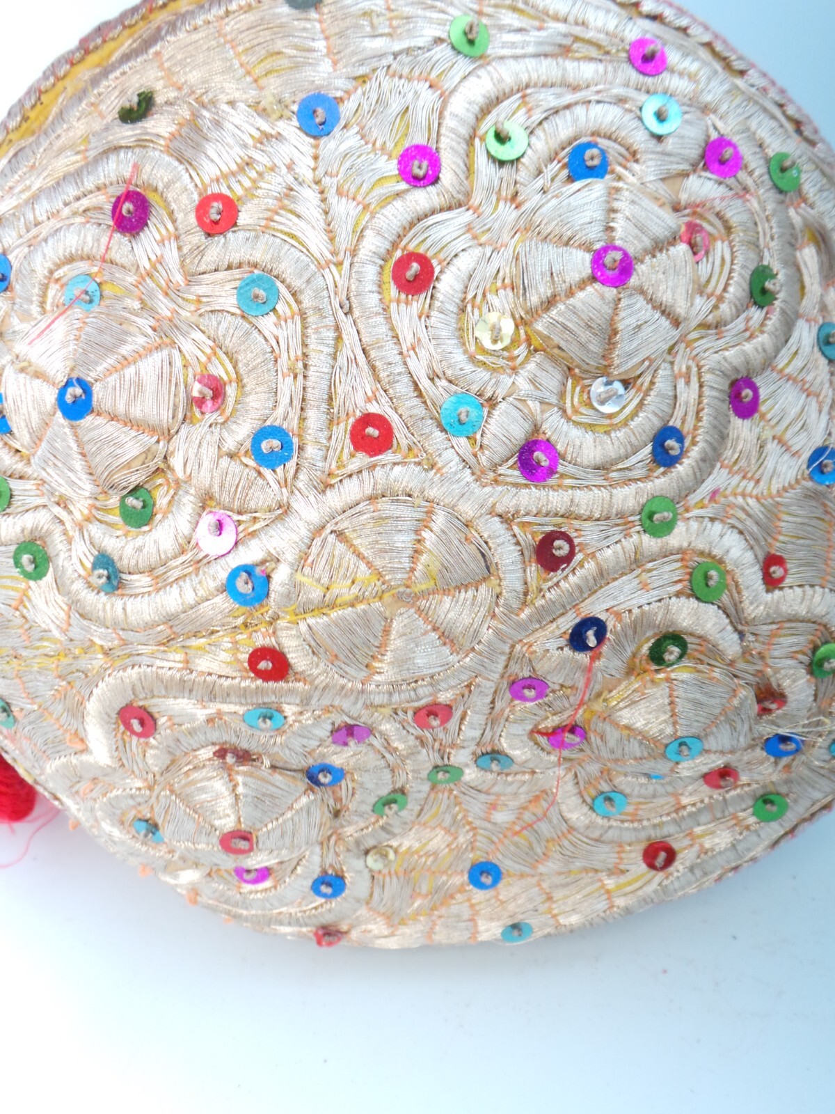 Antique Bride wedding Uzbek Bukharan Gold Gilded Hand Embroidery Cap Hat Ethnic