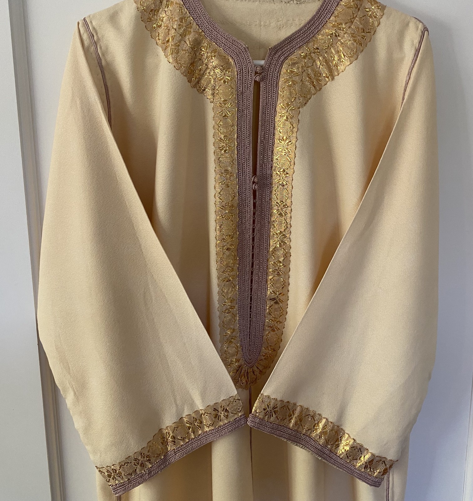 Vintage Moroccan Kaftan Gandoura Djellaba Cream and Gold with Hood