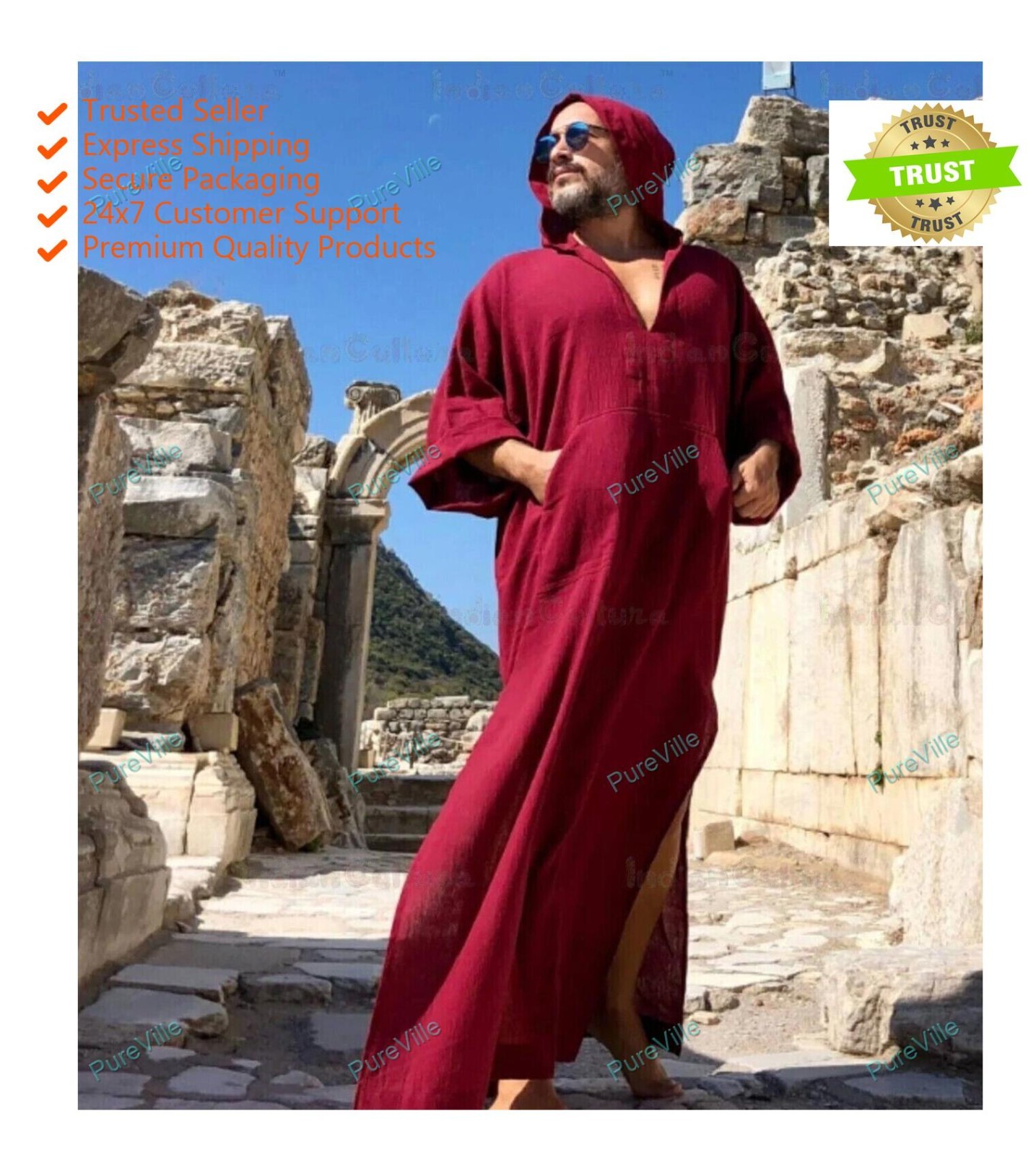 Mens Pathani Kurta Indian Traditional Wear Suit Solid Pattern Dark Red Kurta