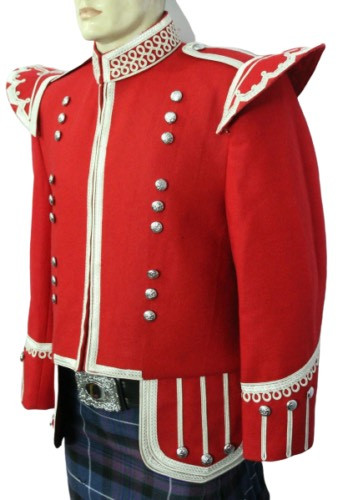 Scottish Red Doublet Kilt Jacket – Military Piper Drummer Silver Braided Jacket