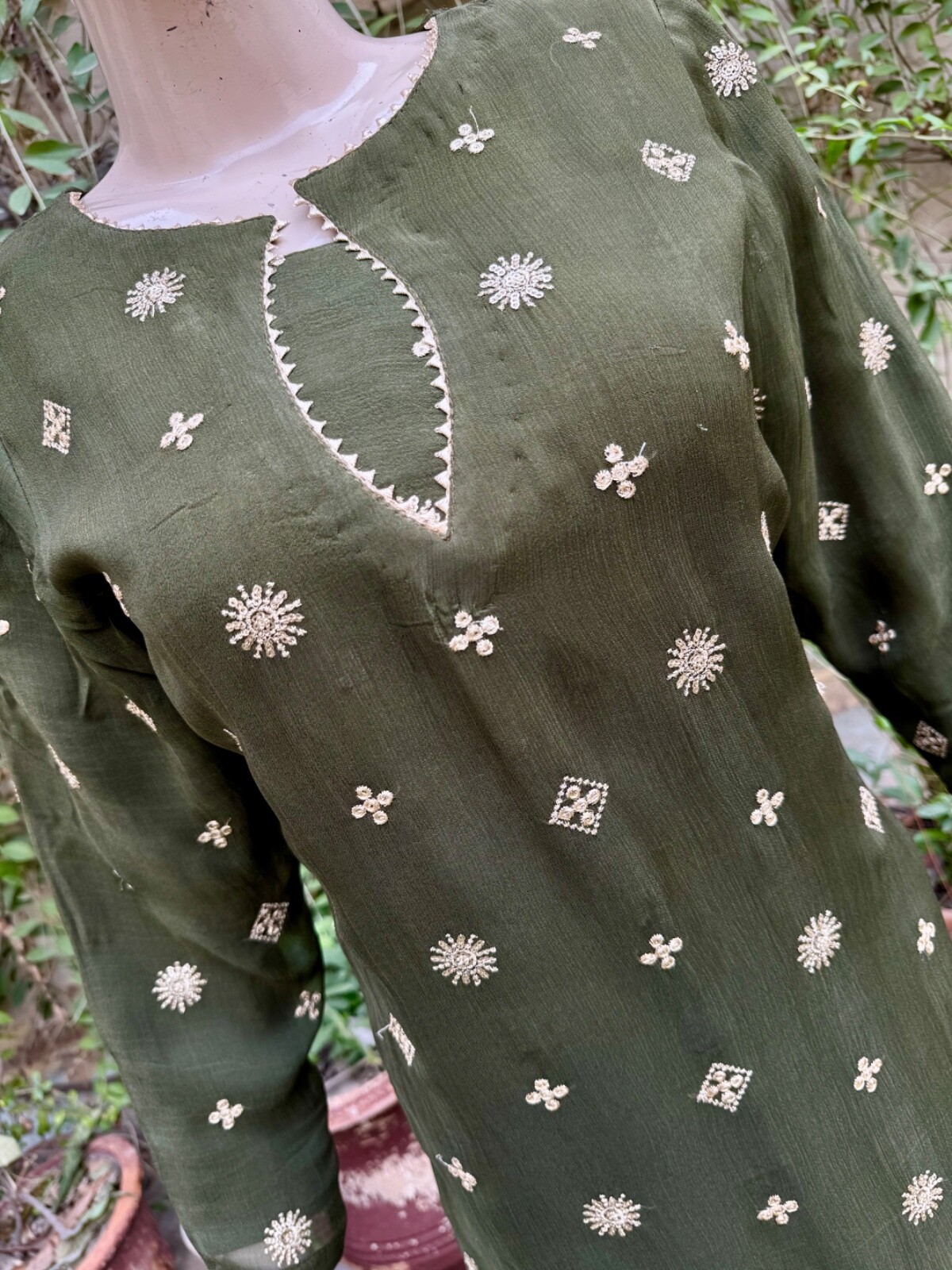 Pakistani Mahendi Green Straight Style Embroidered Sequins 3pcs Chiffon Dress,S