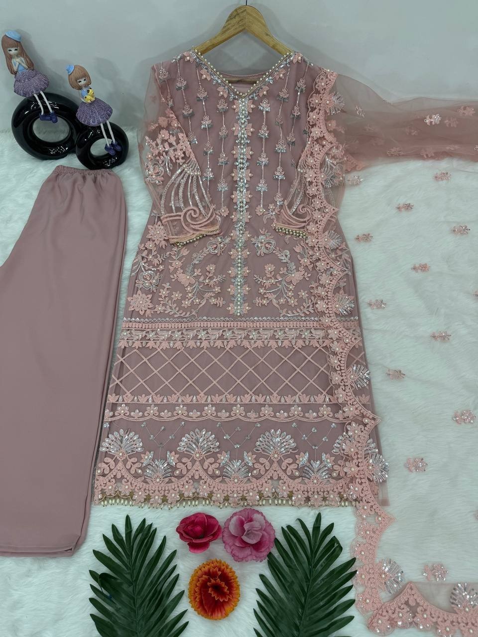 New Collection Dusty Pink Soft Net Kurta Palazzo With Dupatta For Reception Wear