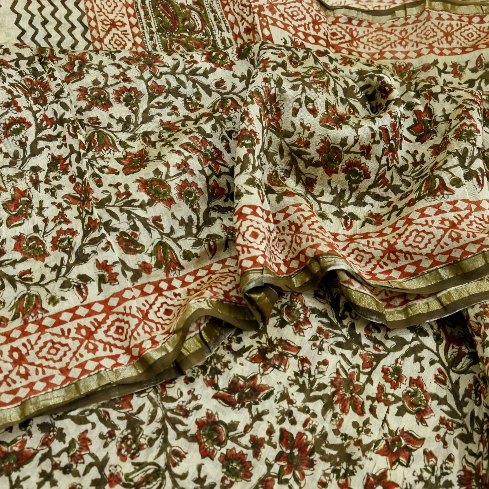 Vintage Sari Beige Block Printed Chanderi Cotton Craft Fabric 5Yd Sewing Zari