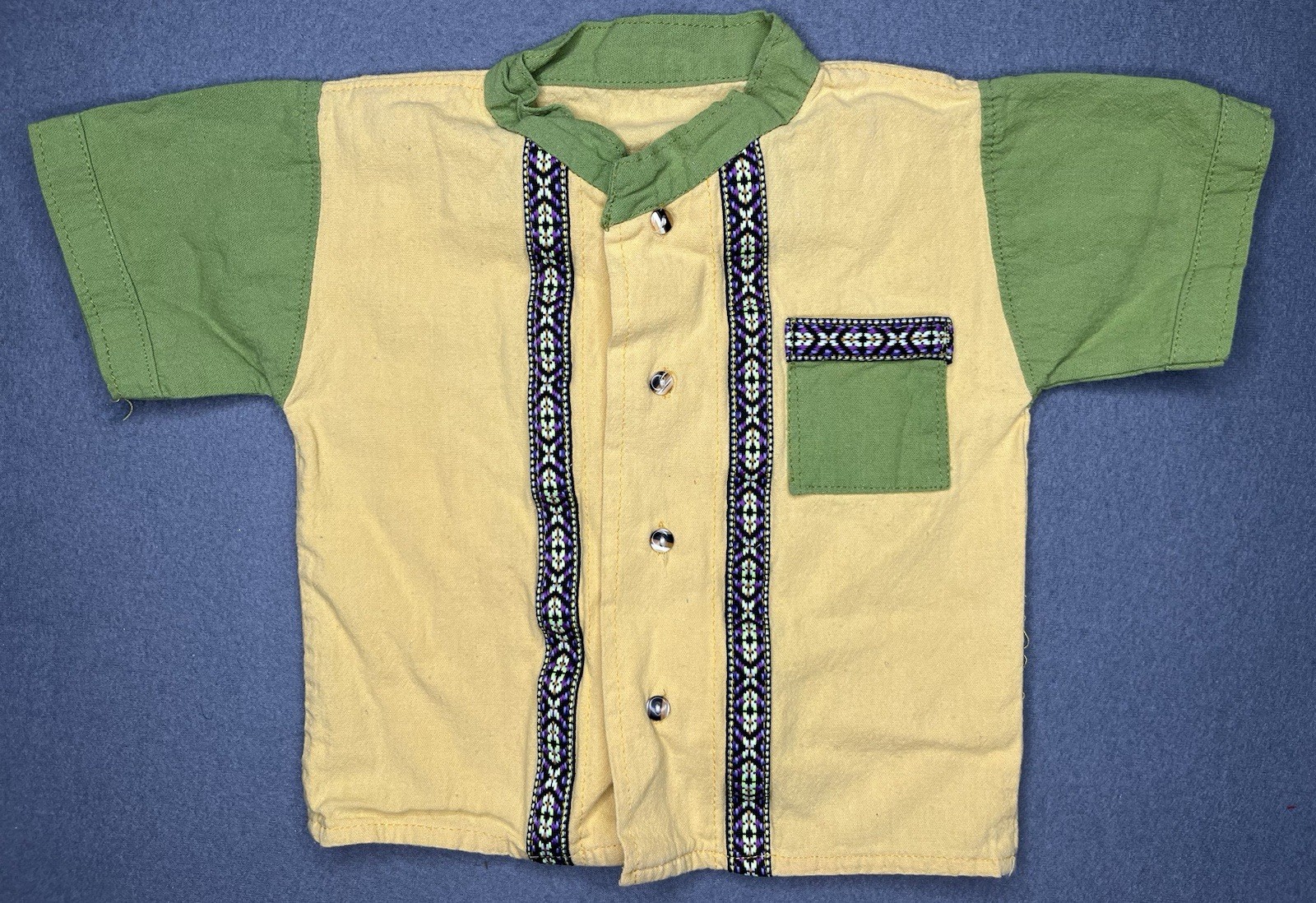 Vintage 90’s Boys Yellow & Green Button Down Embroidered Guayabera Toddler Shirt