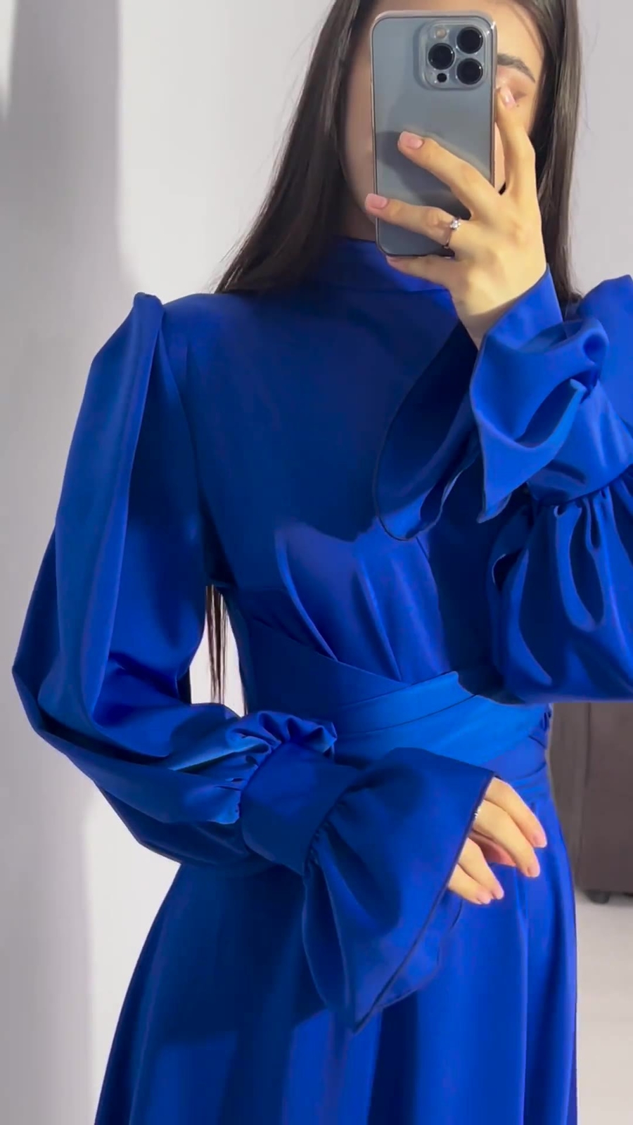 Women Long Dress Lantern Sleeves High Neck Party Plain Color Gown Lace Up Dress