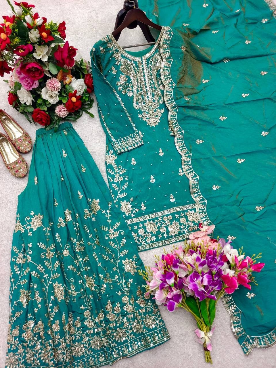 Beautiful Satin Silk Teal Green Top Palazzo With Dupatta For Functional Wear