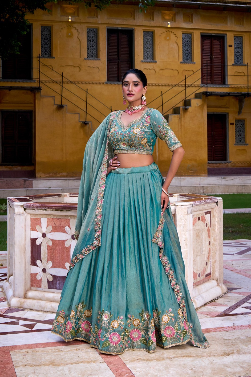 Indian Style Zari Shimmer Sky Blue Lehenga Choli With Dupatta For Wedding