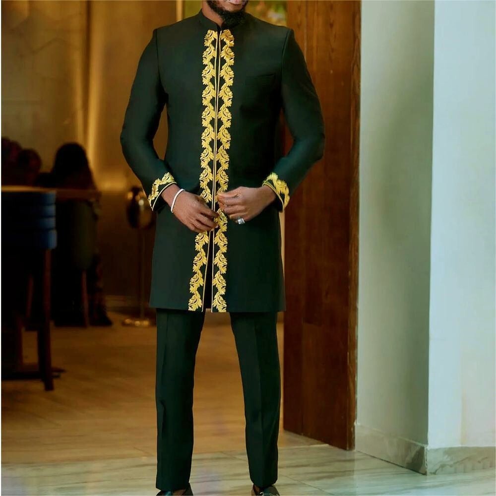 2 Pieces Outfits Dashiki African Man Clothes Wedding Tops+Pants Ethnic Style Set