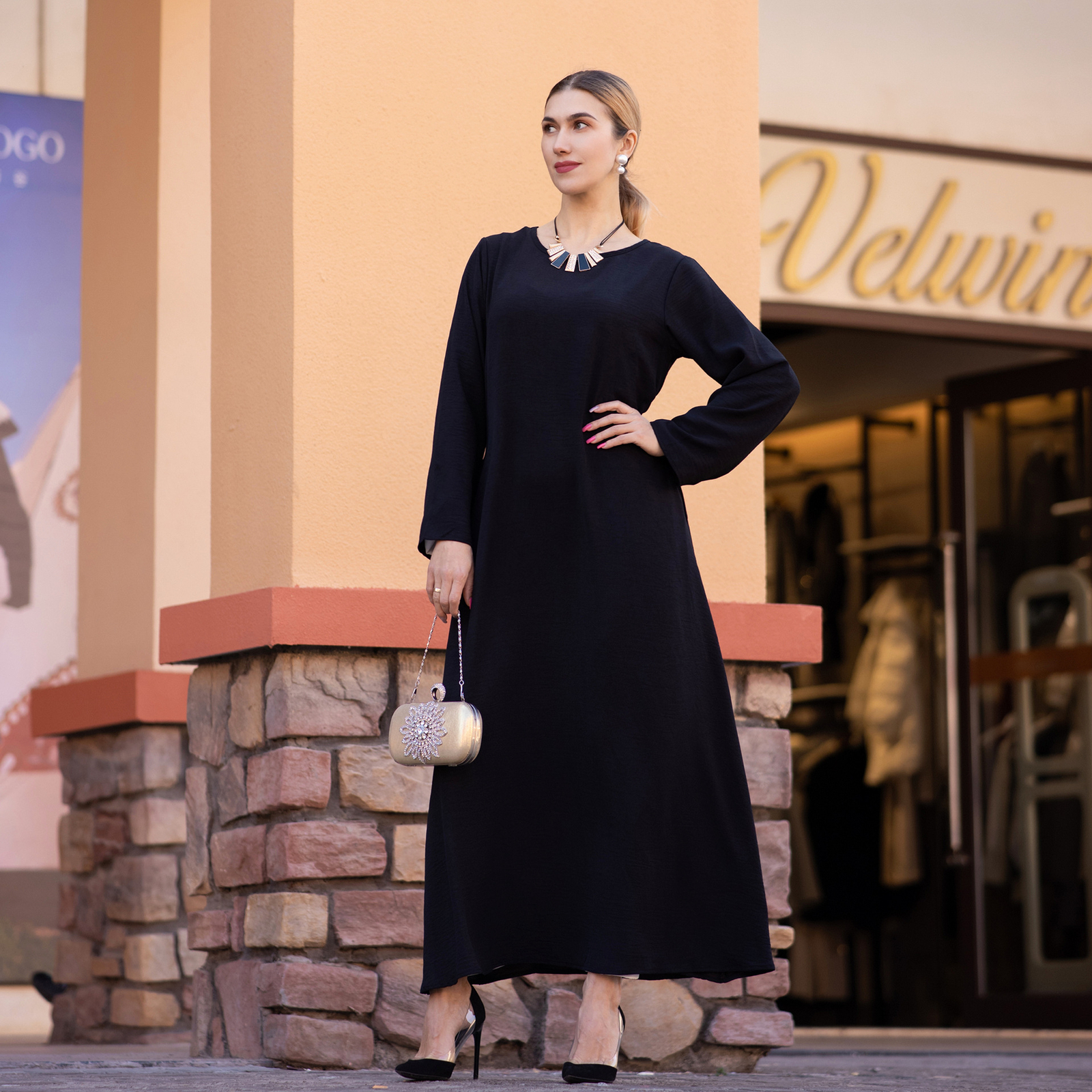 New Muslim Womens Simple Solid Color Long Sleeve Abaya Loose Robe Kaftan