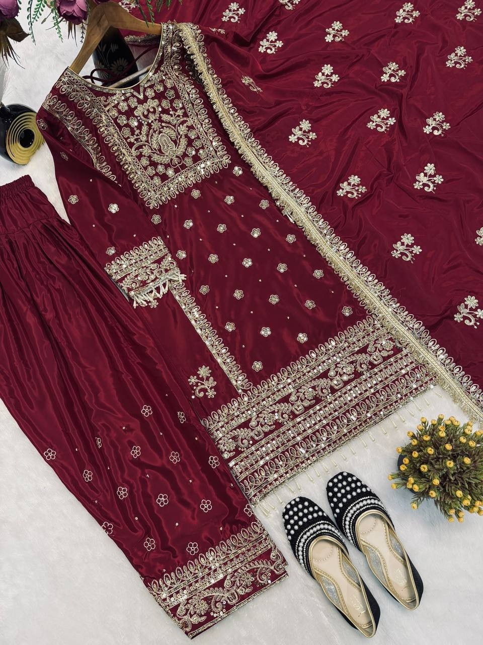 Fashionable Maroon Natural Crep Silk Top Bottom With Dupatta For Reception Wear