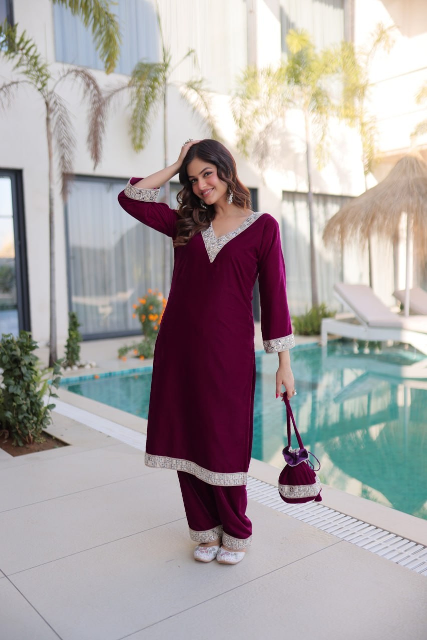 ReadytoWear Velvet Kurti Pant Set | Eid Party Outfit Zari Mirror | S M L XL XXL