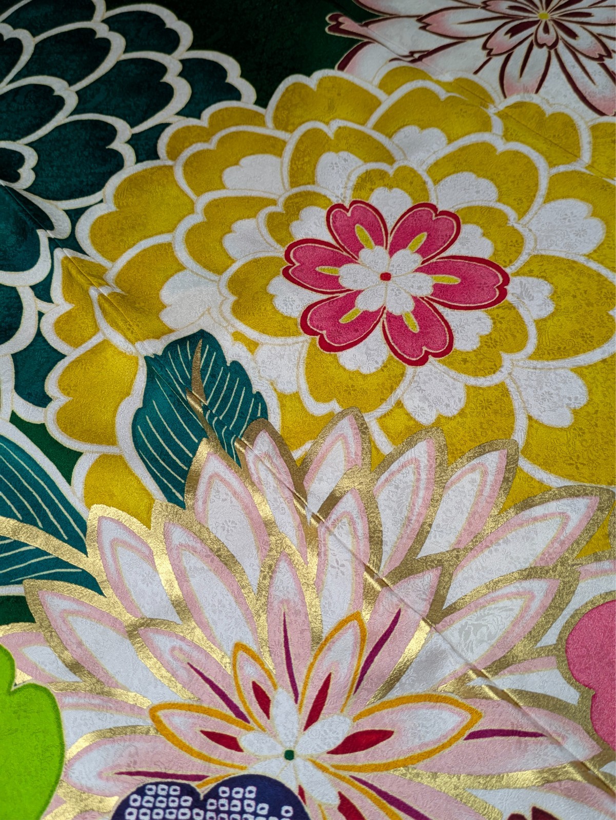 Japanese Kimono Silk Furisode Green Gorgeous Colored Floral Big SIze Textile Art
