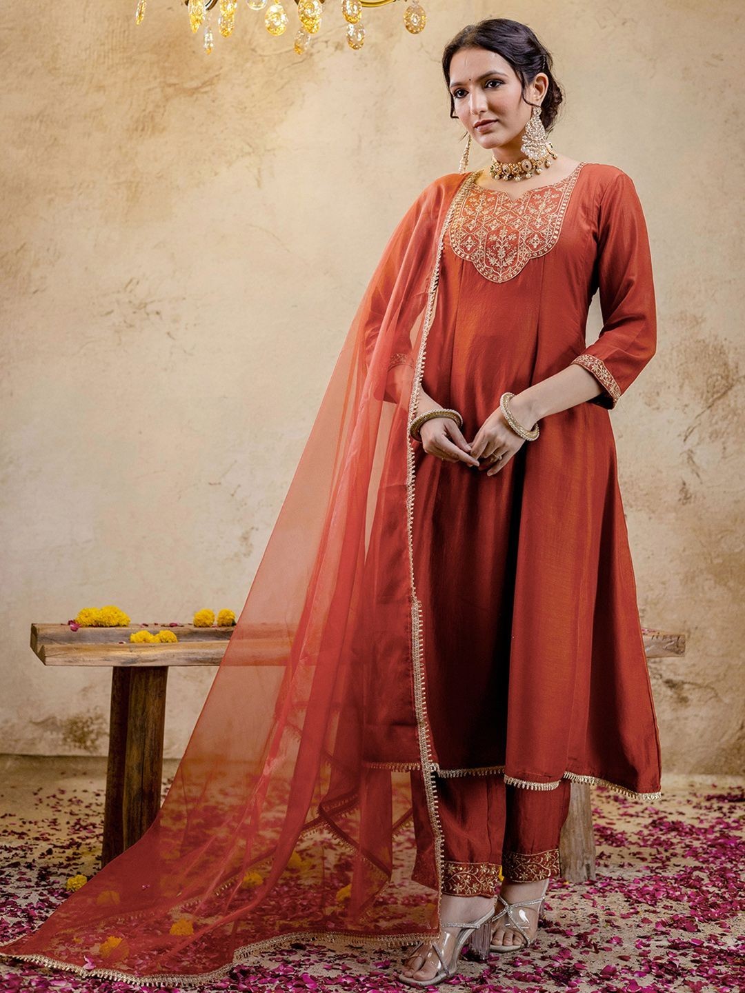 Women Rust Orange Anarkali Kurta Set with Dupatta | Embroidered Ethnic Suit |