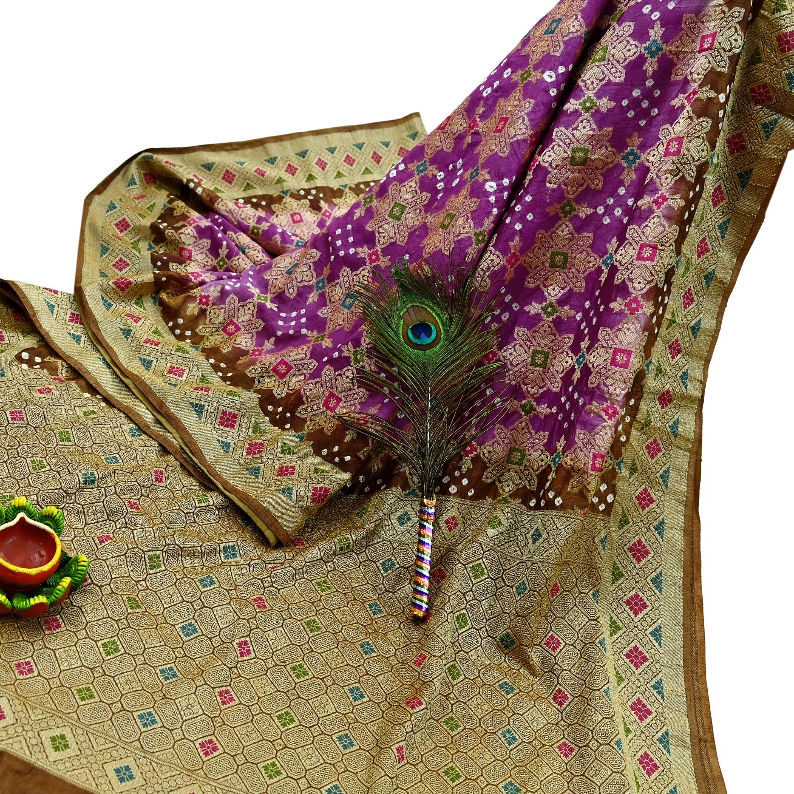 Indian Vintage Sari Purple & Green Artificial Silk Hand Woven Bandhani Saree 5yd