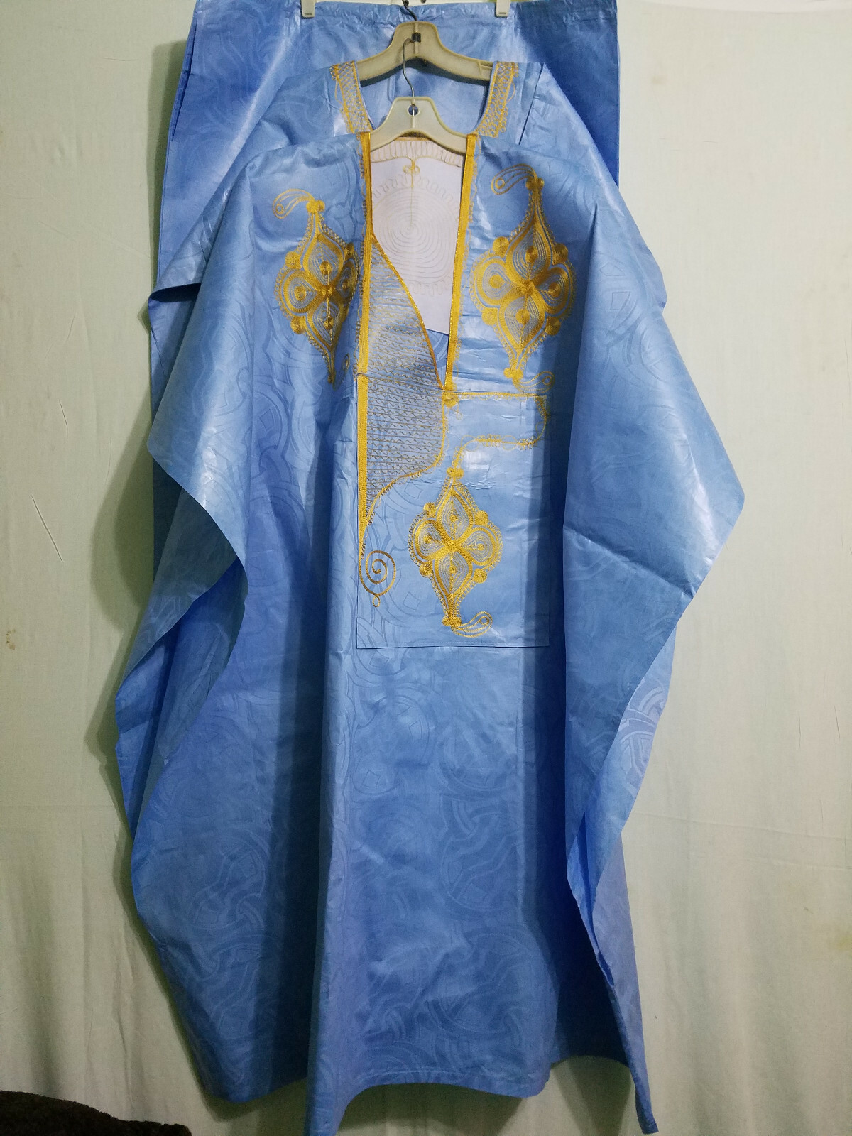 Men Grand Boubou Pant Suit With Hat African Brocade Light Blue Free Size
