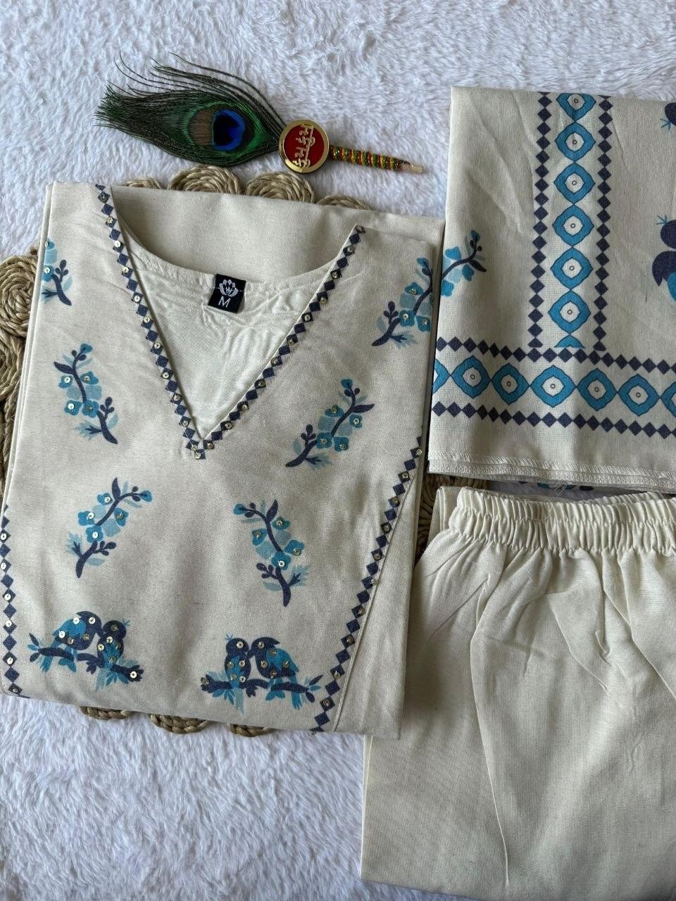 Women Ethnic Khadi Cotton Kurti Pant Dupatta Set Digital Print Sequin Work