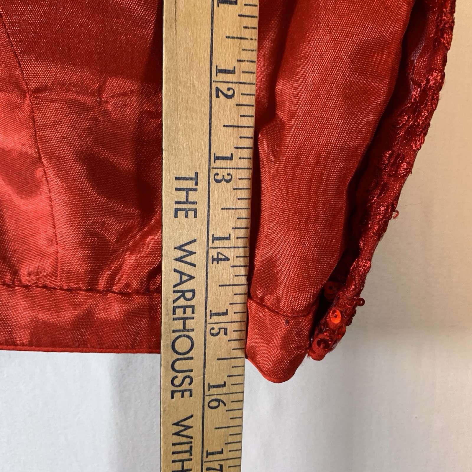 Red Silk Choli Blouse Sheer Back Floral Lace Red & Clear Sequins 15″ Band NWOT