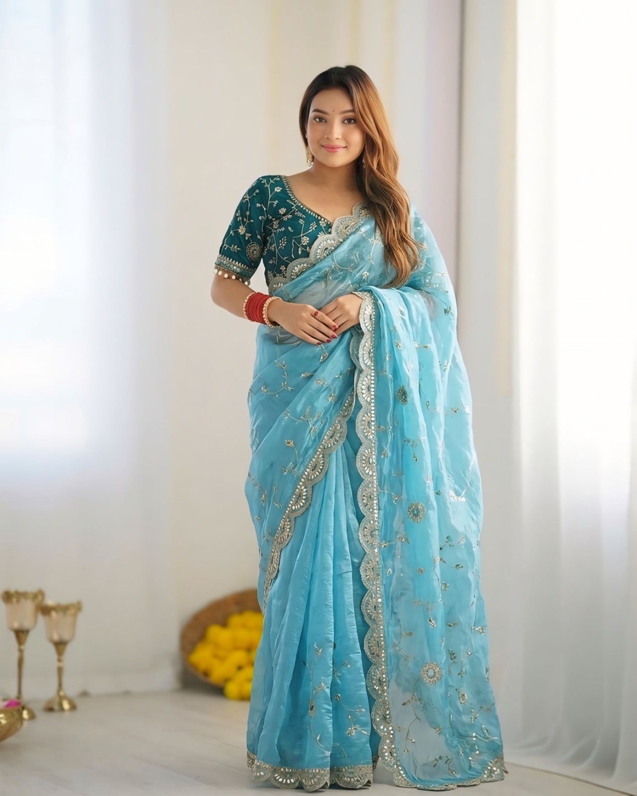 Peacock Teal & Sky Blue Organza Saree With Heavy Embroidered Blouse