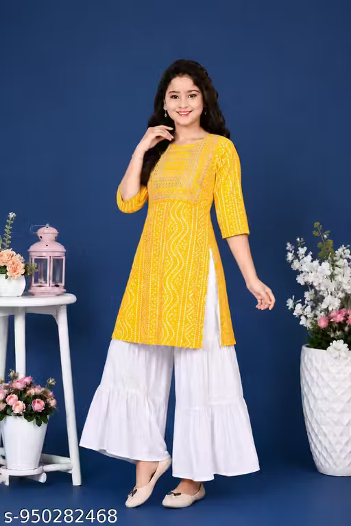 Girls Embroidered Kurti Set with White Palazzo / Kids Ethnic Wear/ Party Wear