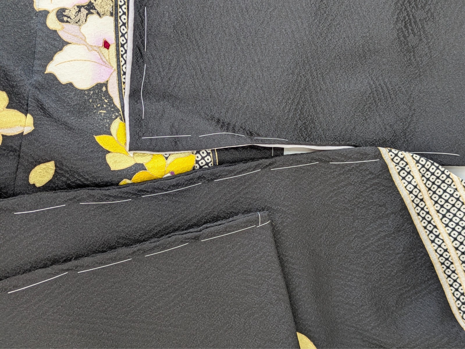 Japanese Kimono Silk Furisode Black Yellow & Purple Flowers Vertical Waves Art