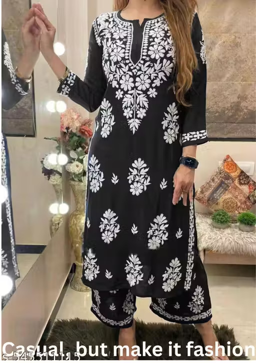 Women Chikankari Embroidered Kurti Palazzo Set Ethnic Outfit Plus Size-M to 8XL