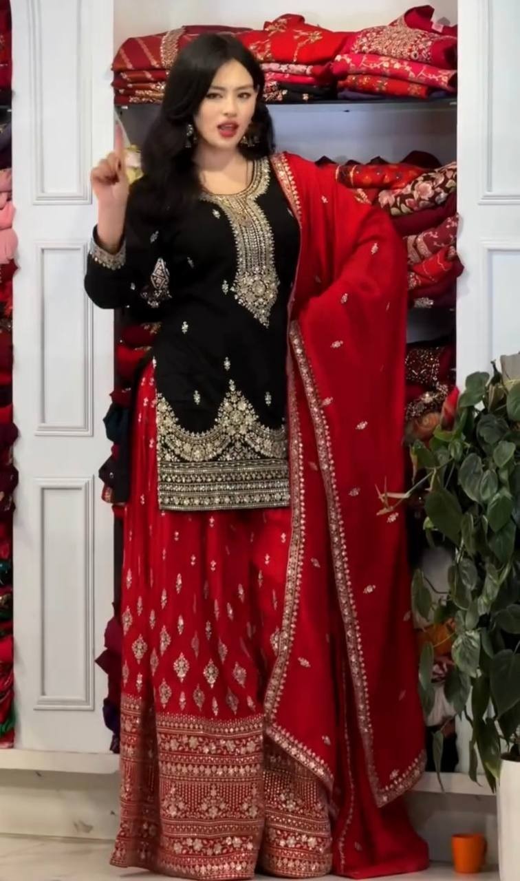 Beautiful Look Black Chinon Silk Kurta Palazzo With Dupatta For Women & Girls