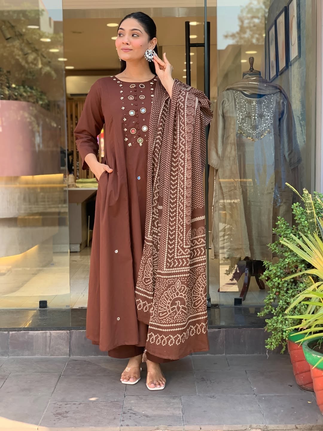 Elegant Brown Anarkali Kurta Pant & Dupatta Set | Festive | Wedding | Party Wear