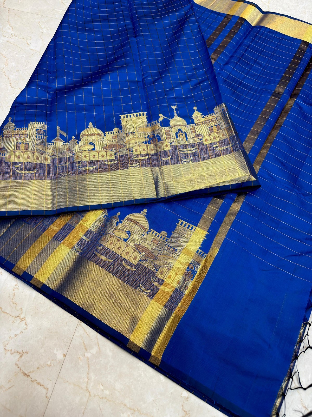 Latest Banarasi Soft Silk Saree with Banaras Ghaats / Temples Border with Blouse