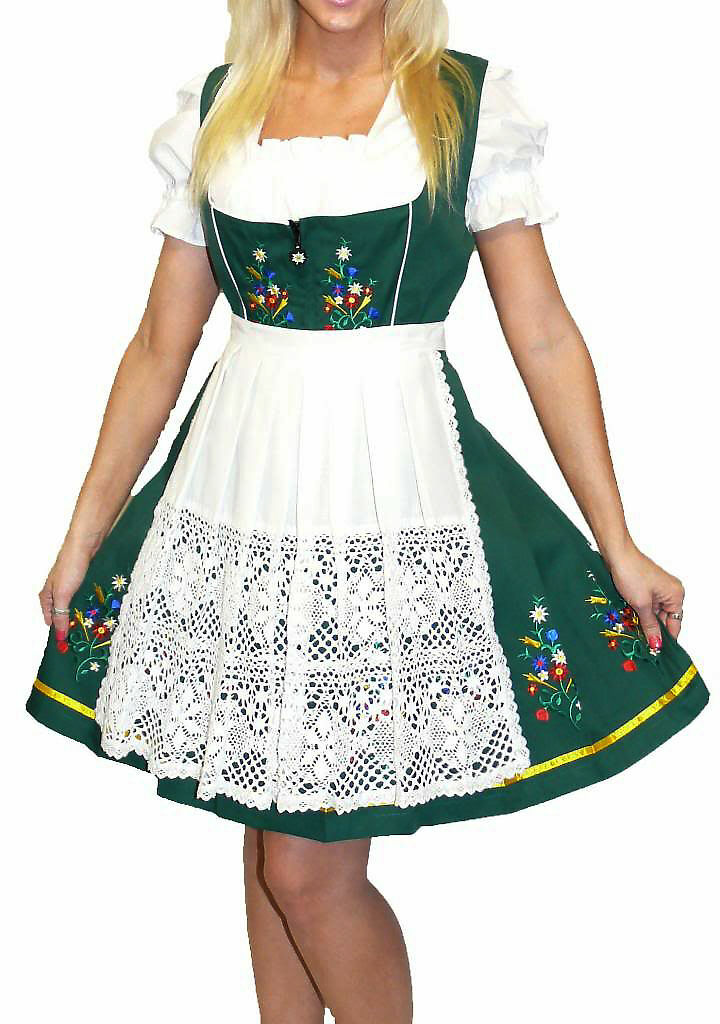 S 8 German Oktoberfest Dirndl Dress EMBROIDERED Lace Apron + Top Green Short NEW